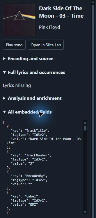 Cropped native DJ Crate inspector showing actual song artwork and ID3v2 title, track number and label fields
