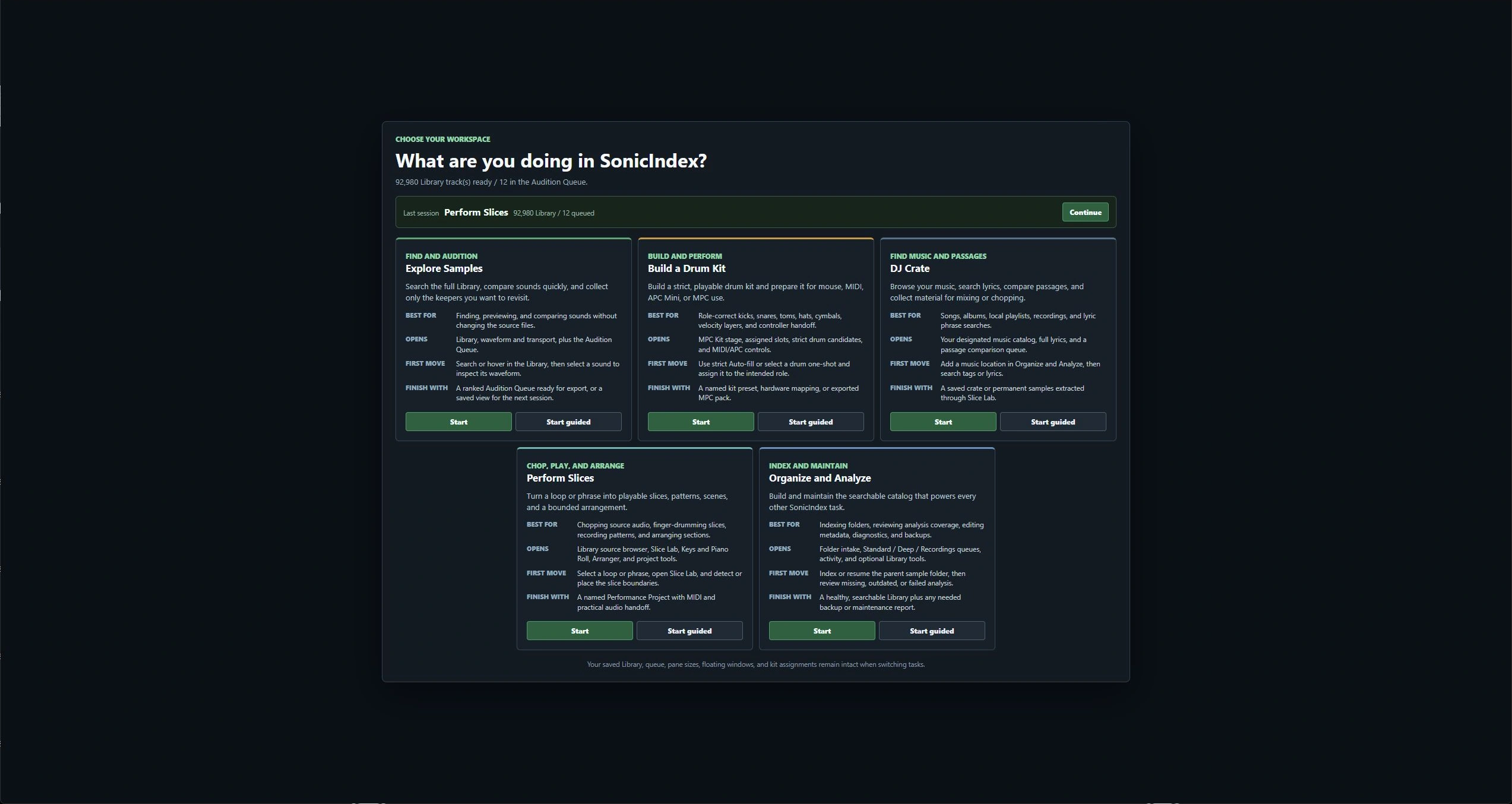 Five-workspace SonicIndex task chooser