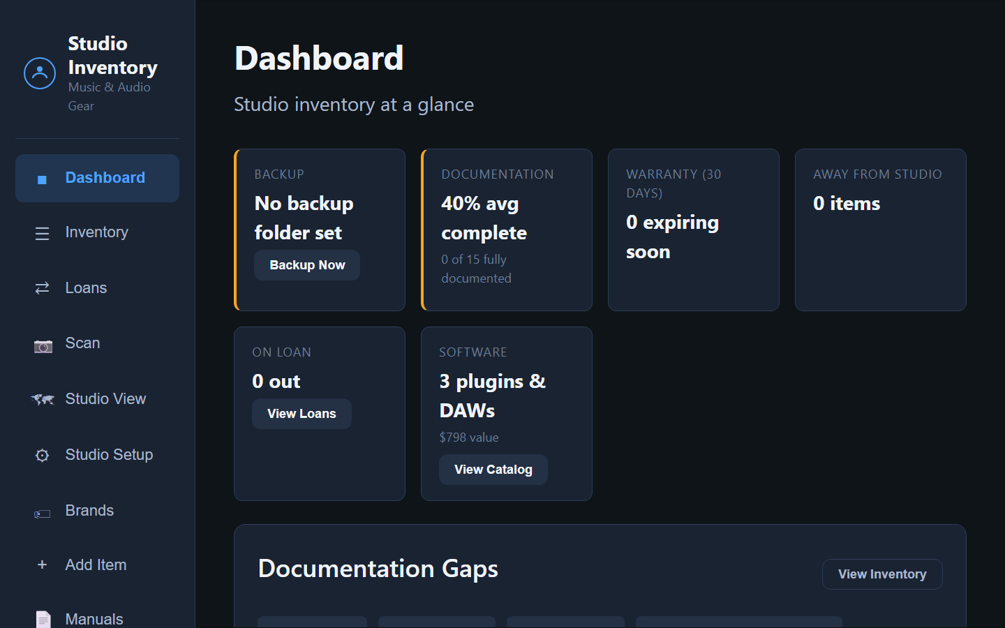 Dashboard showing documentation reminders, inventory values, warranties, and loans