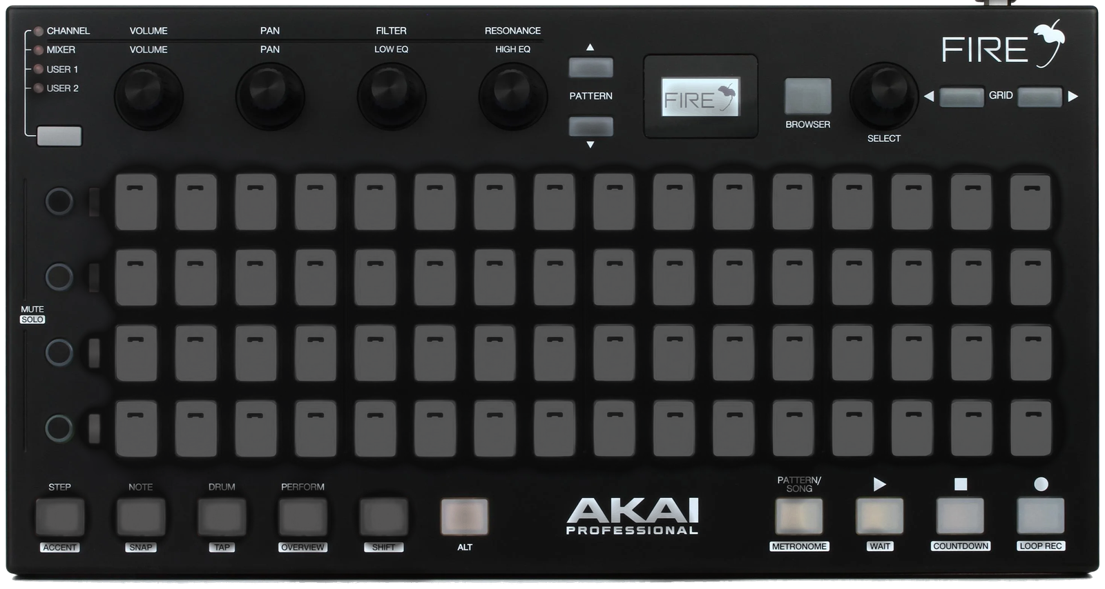 Akai Professional Fire with its pad grid, five rotary encoders, and OLED display